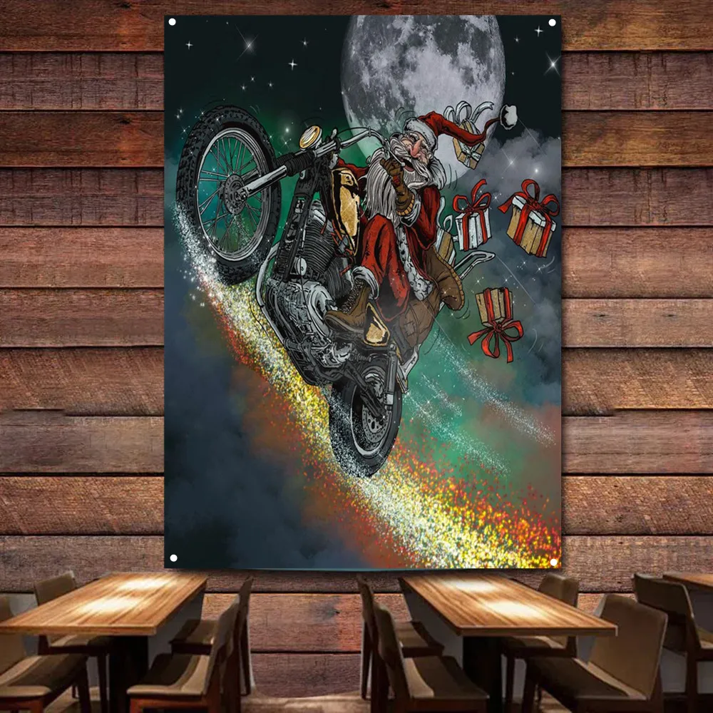 Auto Repair Shop Banners - Papá Noel montando una motocicleta decoración